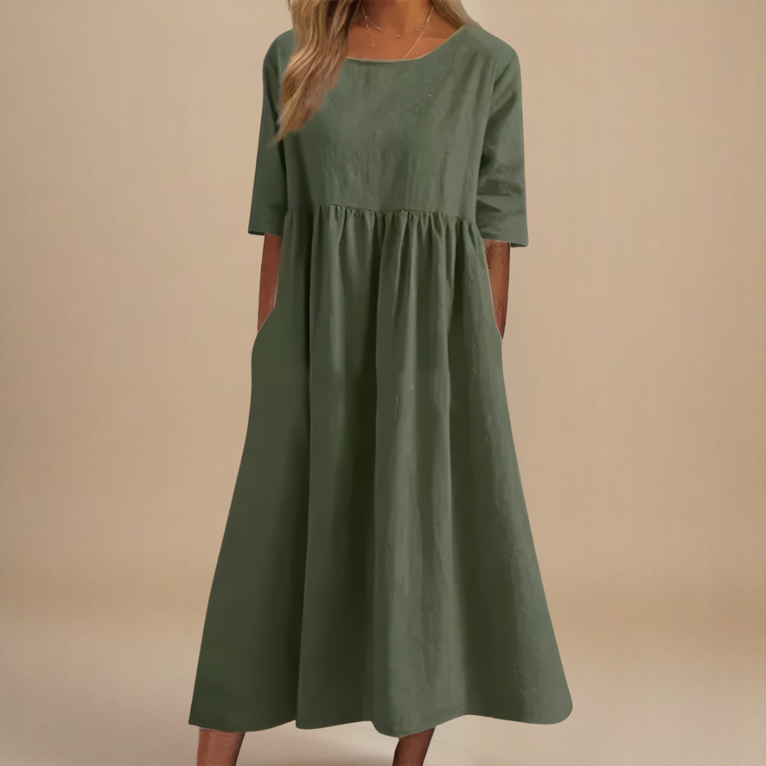 Plus Size Cotton Linen Midi Dress | Round Neck Pocket Dress Dark Grey / S