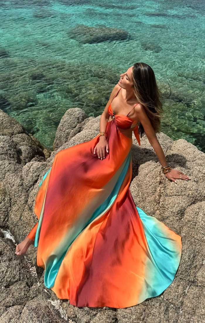 orange satin maxi dress Solange Juicy Peplum Dress Green/Pink neckline and delicate white midi graduation dress Size:XL (On-hand)