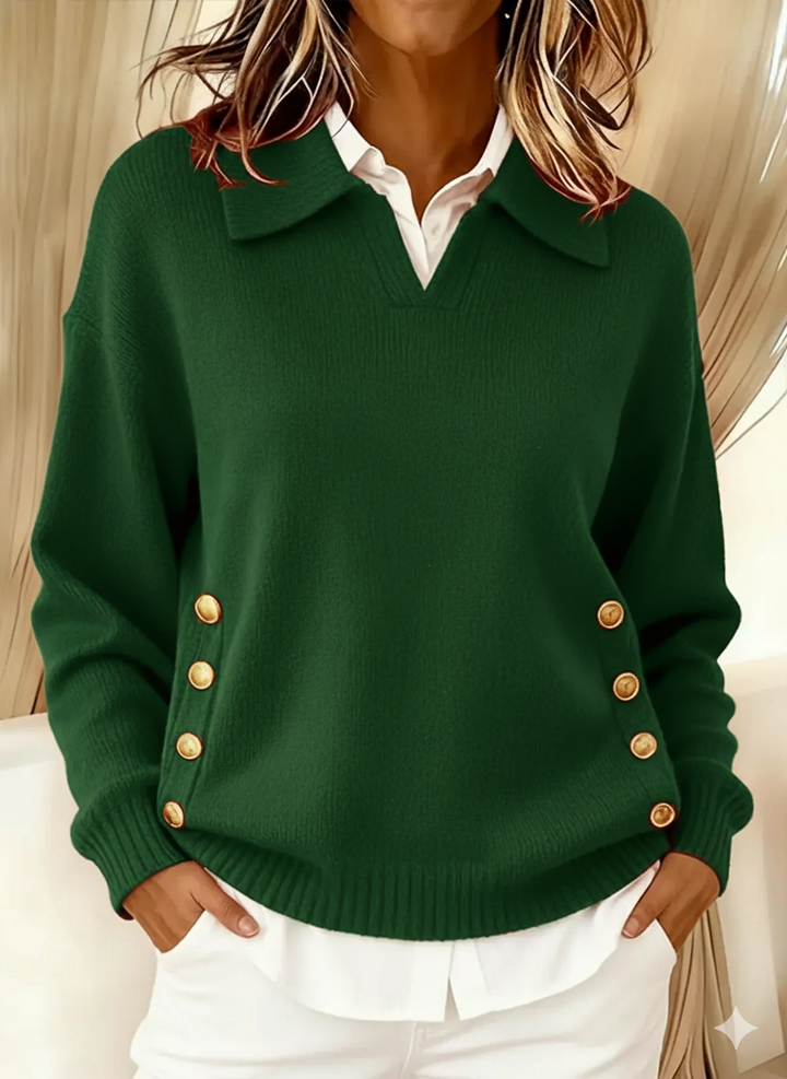 Woman wearing V-neck sweater with fold-over polo collar