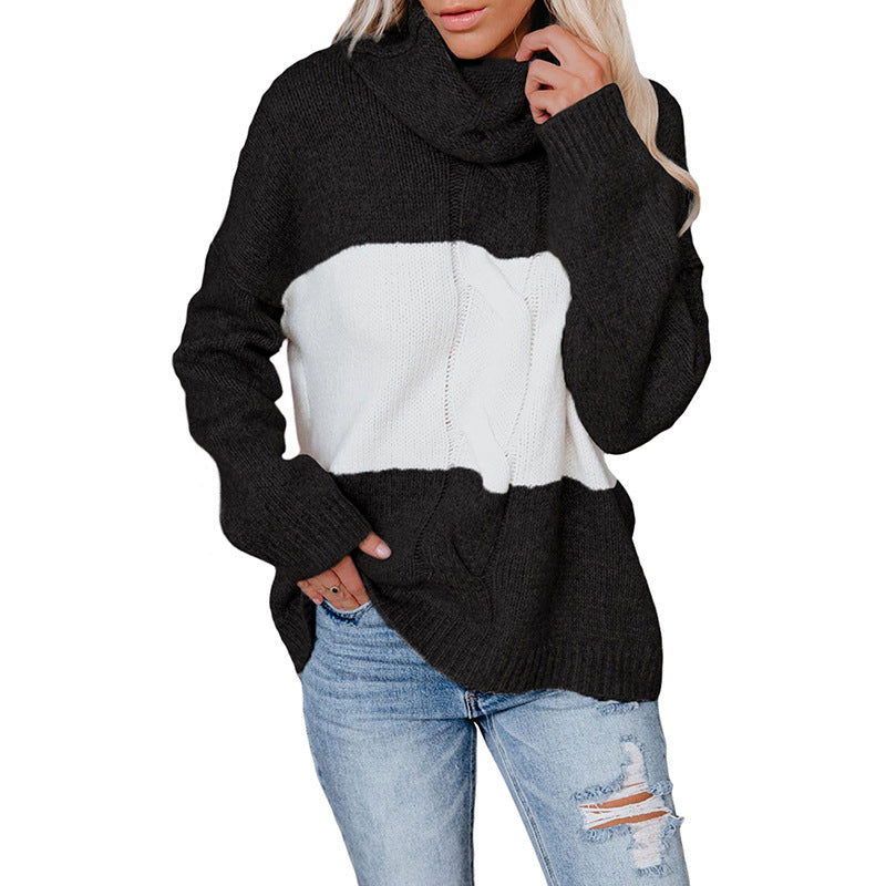 Woman wearing knit turtleneck sweater with contrast stitching