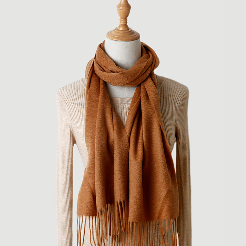 Women's solid color cashmere tassel scarf with long fringe
