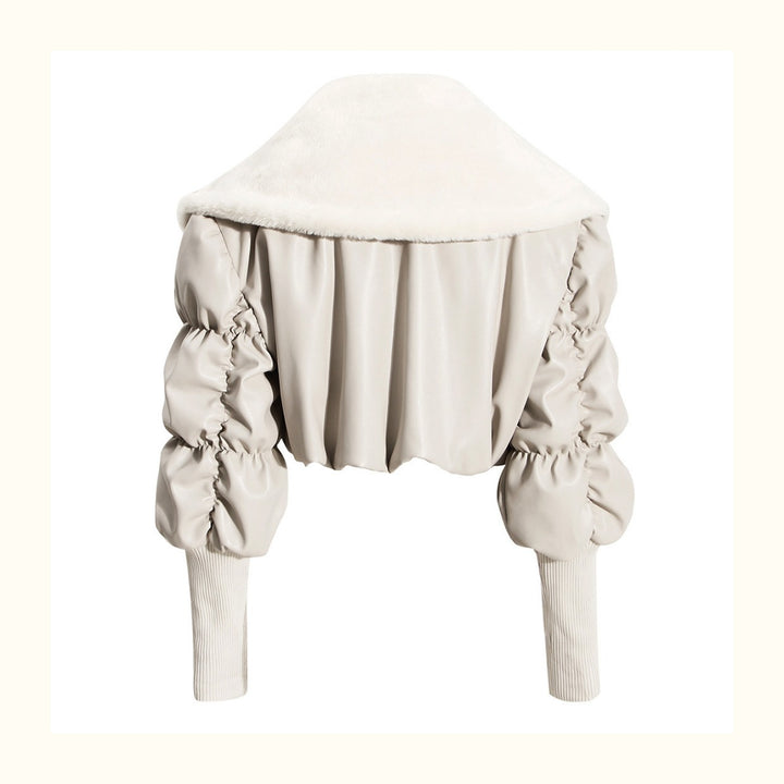 Women's cream PU leather jacket with polo collar