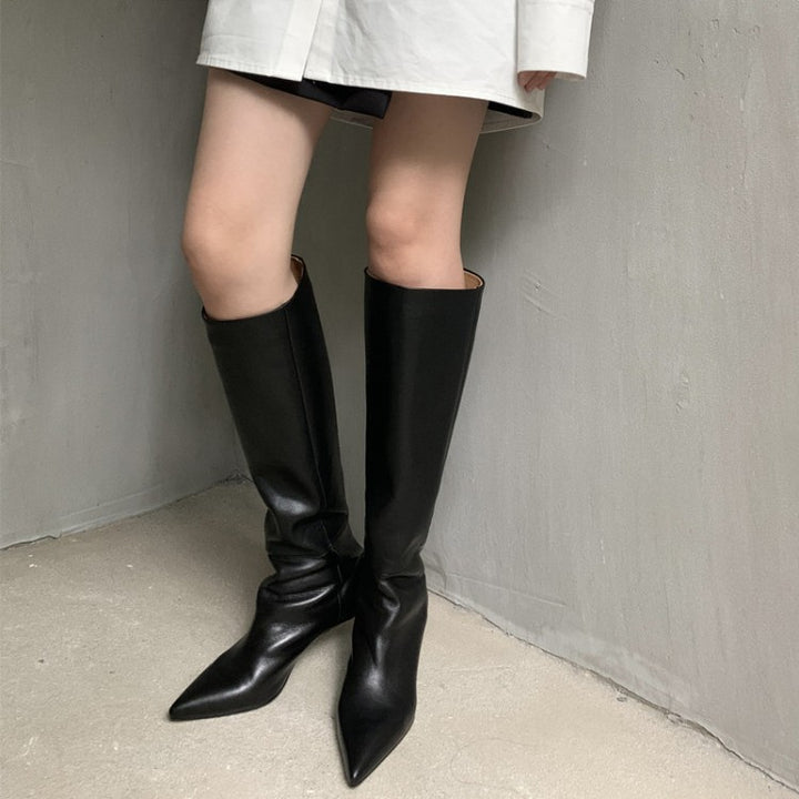 Women's beige leather stiletto knight boots, tall shaft