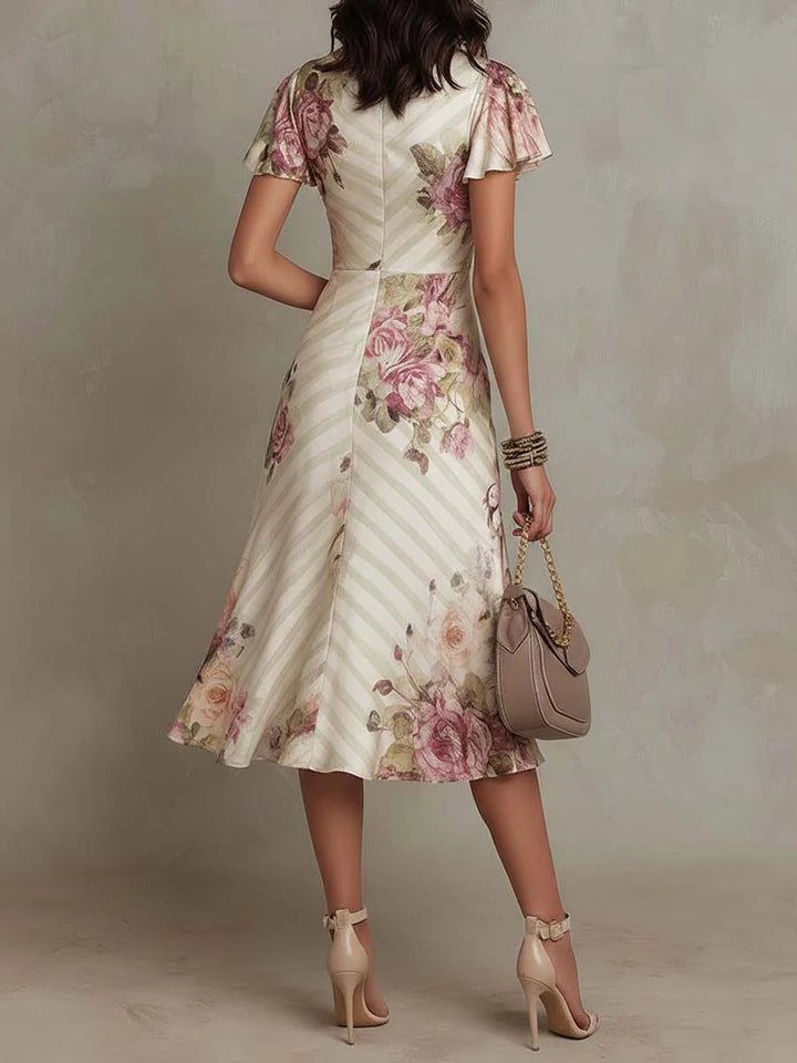 Evangeline | Women's Satin Fit-and-Flare V-Neck Flutter-Sleeve Dress