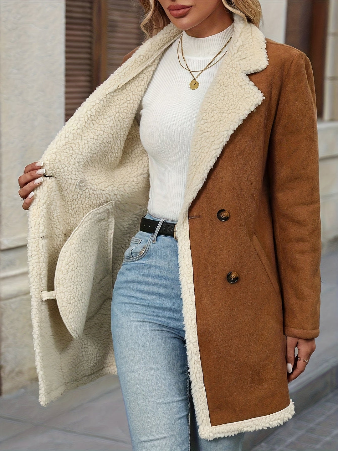 Odilia | Women's Shearling Lapel Double-Breasted Fitted Coat