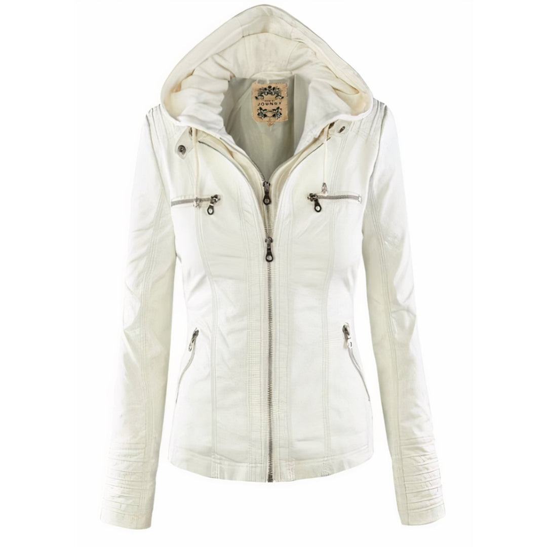 Rosaline | Women's Faux-Leather Hooded Zip-Front Fitted Jacket