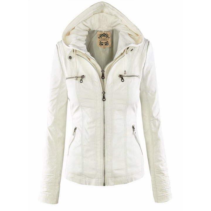 Rosaline | Women's Faux-Leather Hooded Zip-Front Fitted Jacket