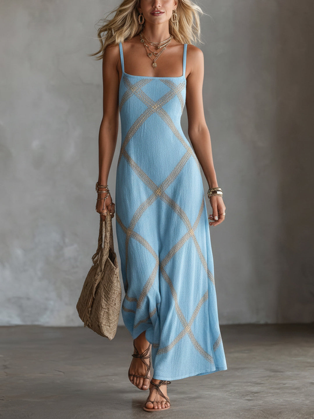 Woman wearing relaxed boho dress with geometric print
