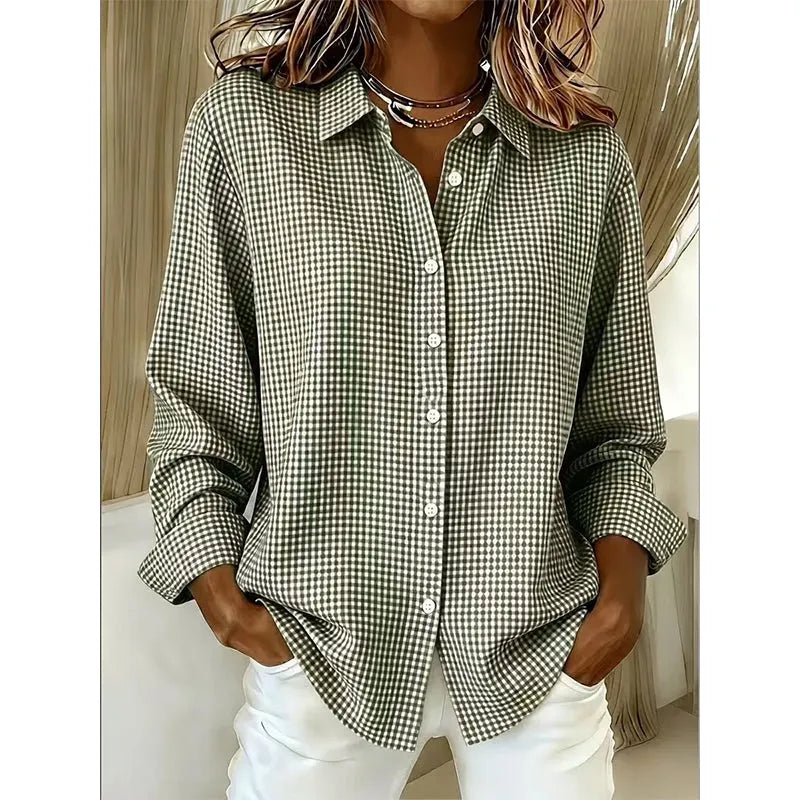 Woman wearing gingham button front long sleeve blouse