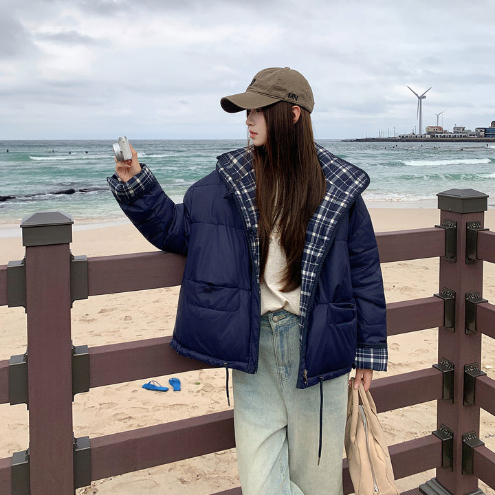 Women's quilted puffer jacket with plaid patchwork design