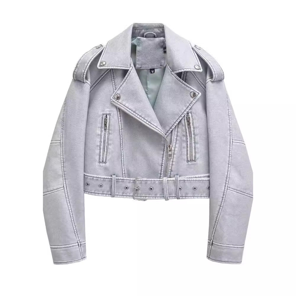 Women's washed leather moto jacket in solid color