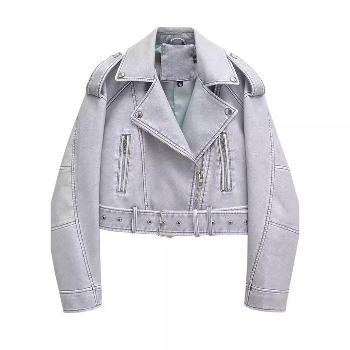 Women's washed leather moto jacket in solid color