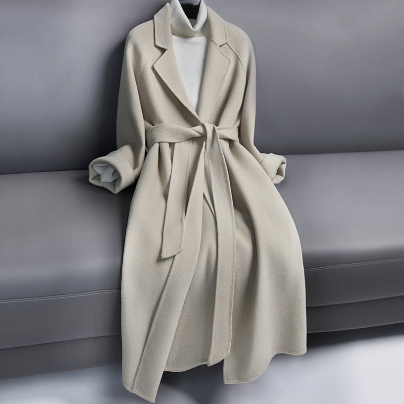 Women's long wool coat with belt