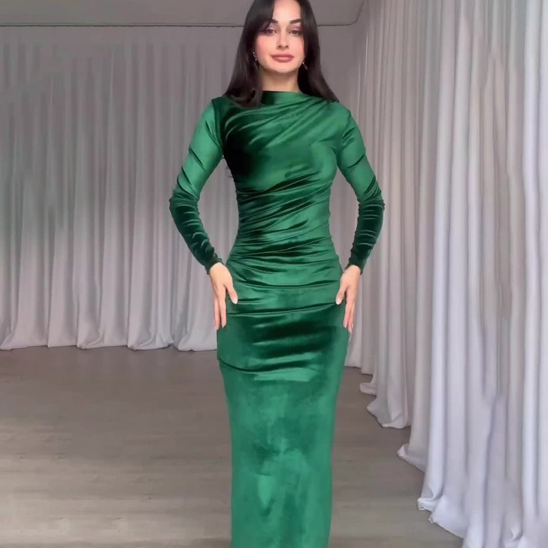 Woman wearing velvet long sleeve slim fit dress