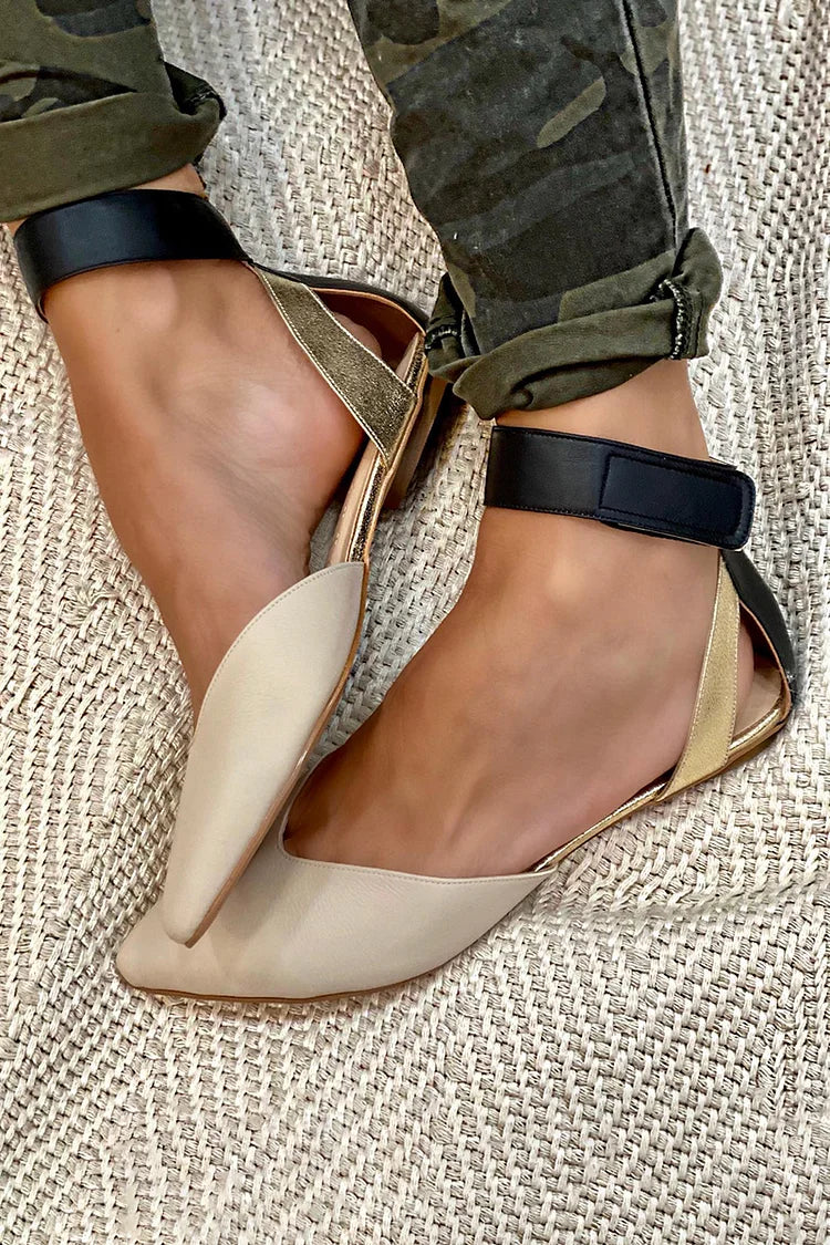 Women's pointed toe two-tone flats with ankle strap