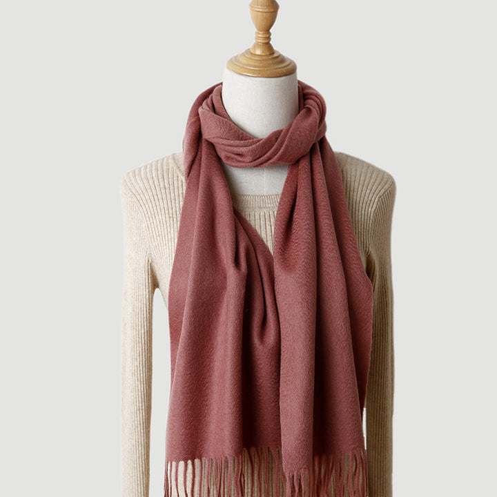 Women's solid color cashmere tassel scarf with long fringe