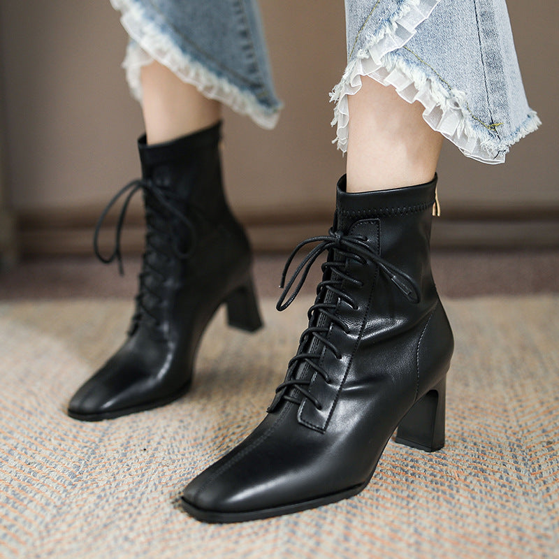 Black square toe high heel ankle boots for women