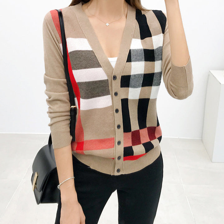 Women's knit cardigan sweater with V-neck in khaki
