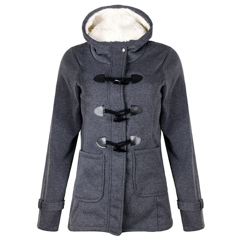 Woman in hooded double-breasted loose-fit coat