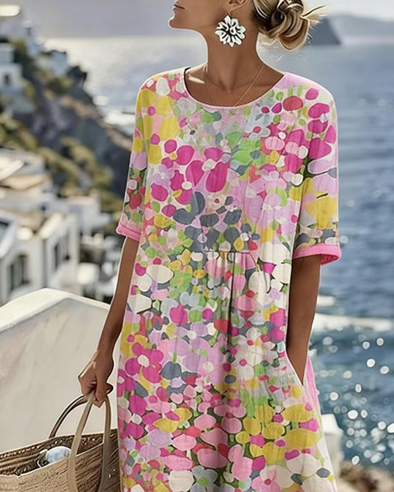 Woman wearing abstract floral print midi dress with short sleeves