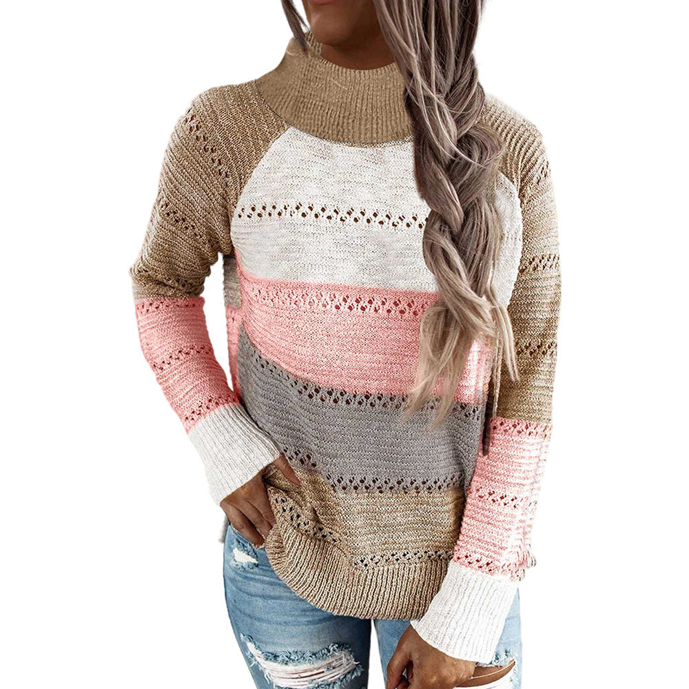 Woman wearing knit turtleneck sweater with contrast stitching