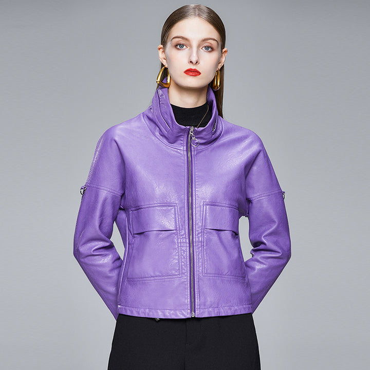 Women's black faux leather jacket with lapel collar