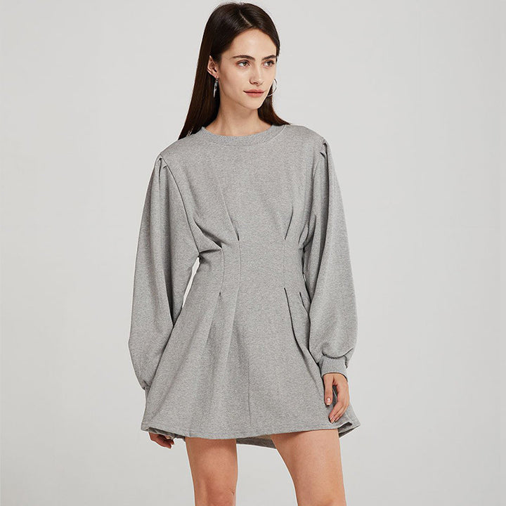 Women's long sleeve pullover sweater dress in black and gray