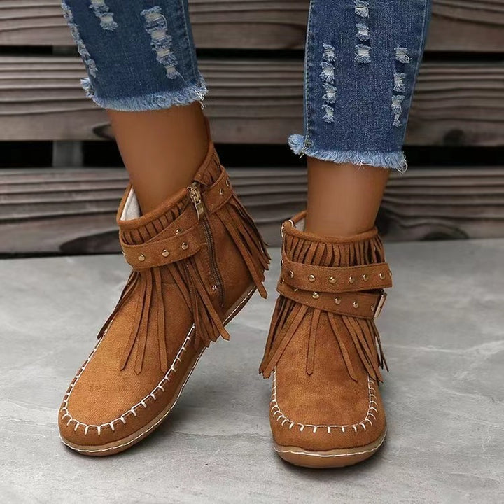 Women's black suede flat ankle boots with rivet tassel