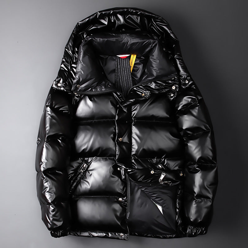 Women's glossy puffer jacket with color block design