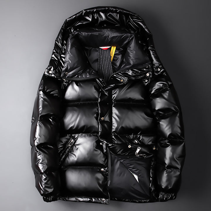 Women's glossy puffer jacket with color block design