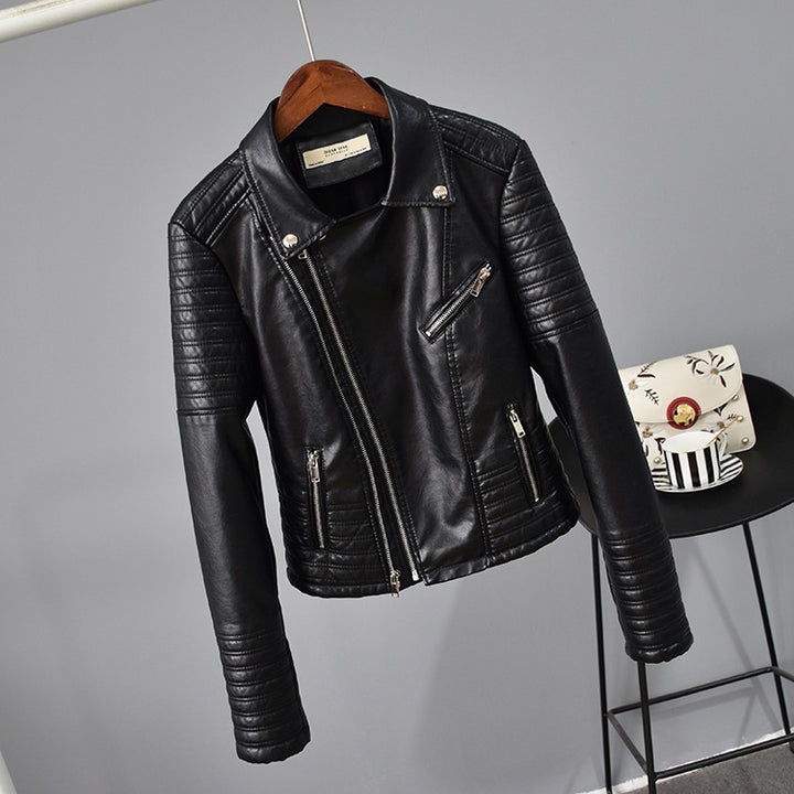 Women's faux leather jacket with suit collar
