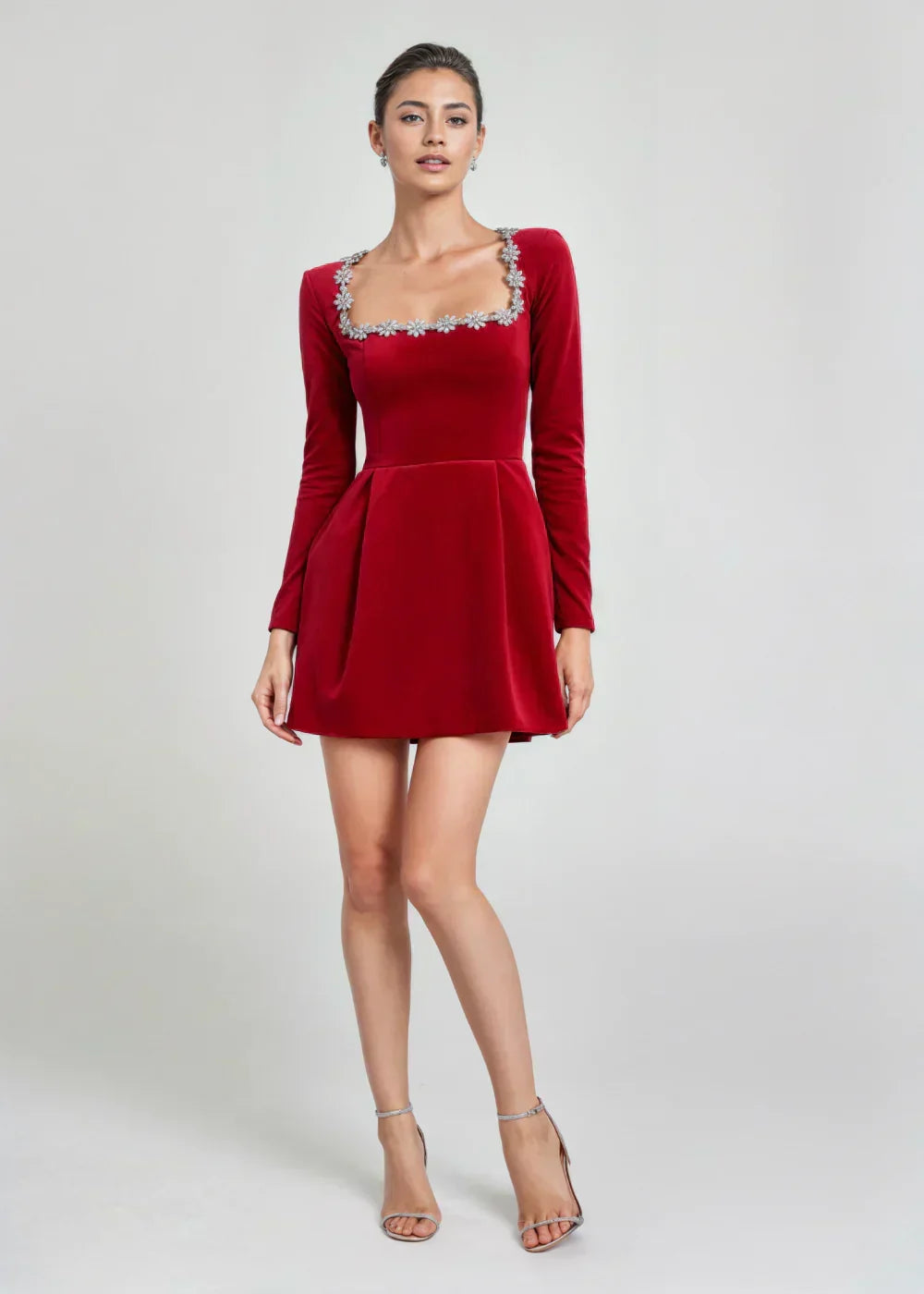 Capucine | Women's Velvet Square-Neck Floral Mini Dress