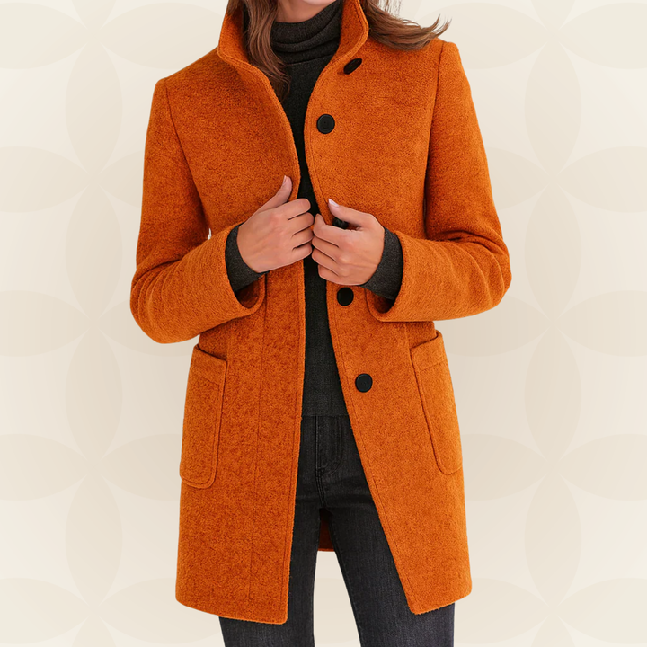 Woman wearing straight-cut winter coat with high collar