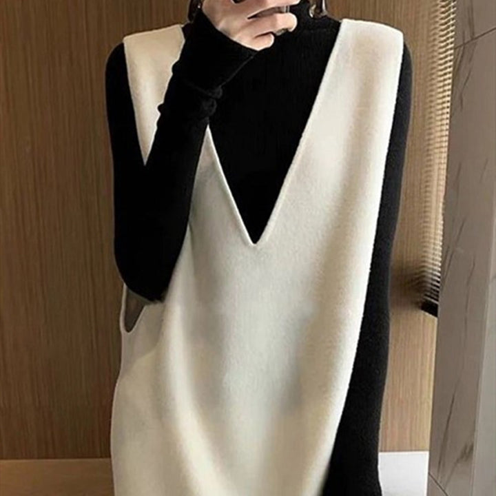 Beige sleeveless knit V-neck sweater dress front view