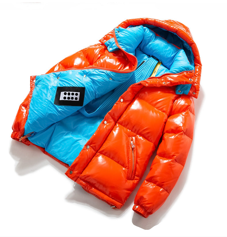Women's glossy puffer jacket with color block design