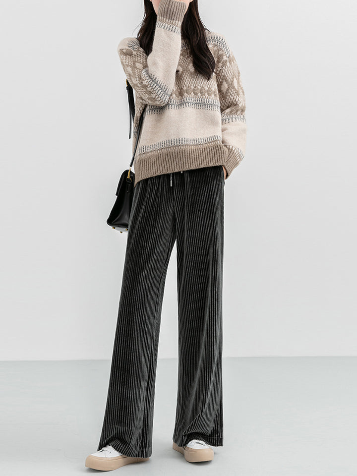 Woman wearing high waist corduroy wide leg pants