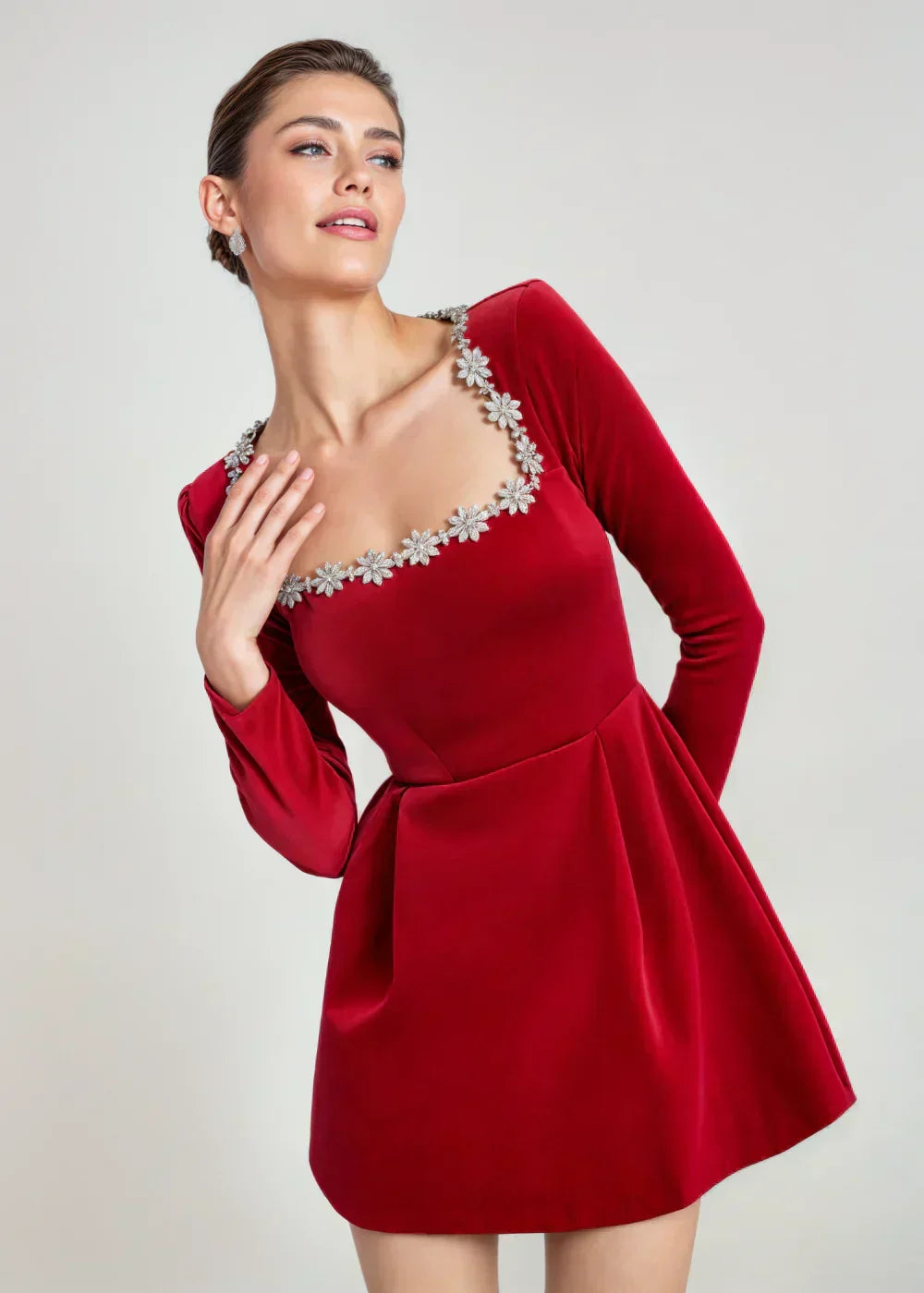 Capucine | Women's Velvet Square-Neck Floral Mini Dress