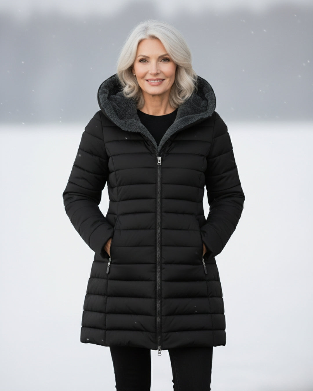Women's fleece-lined A-line puffer coat front view