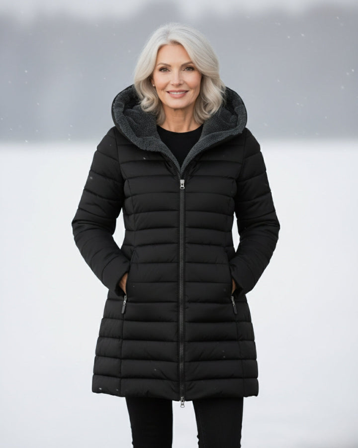 Women's fleece-lined A-line puffer coat front view