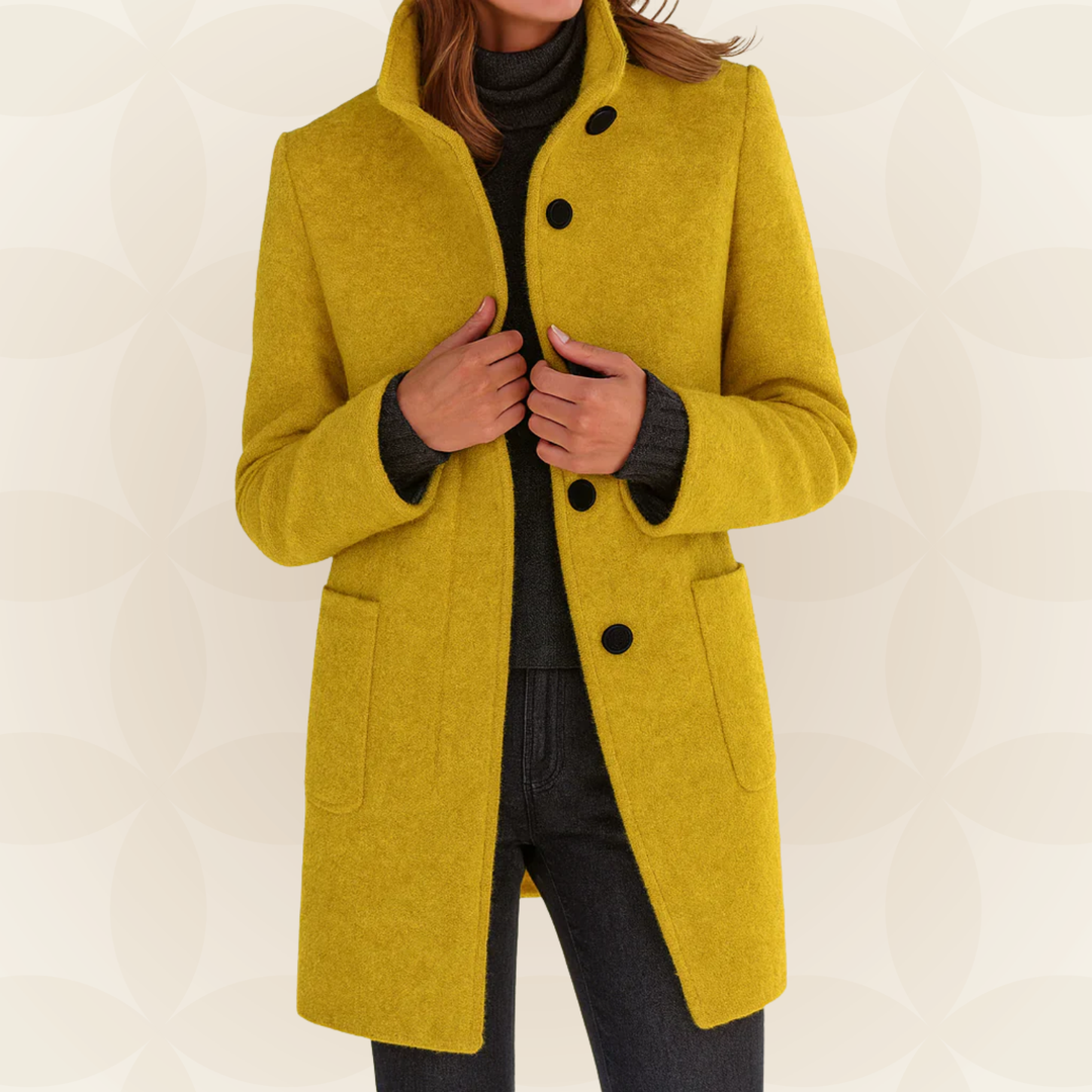 Woman wearing straight-cut winter coat with high collar