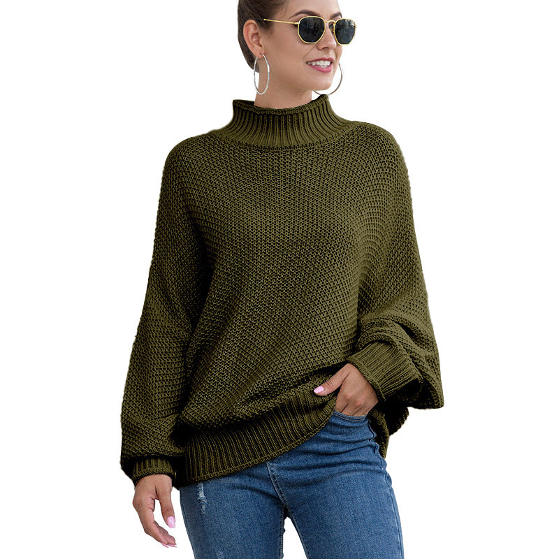 Women's loose turtleneck knit sweater front view