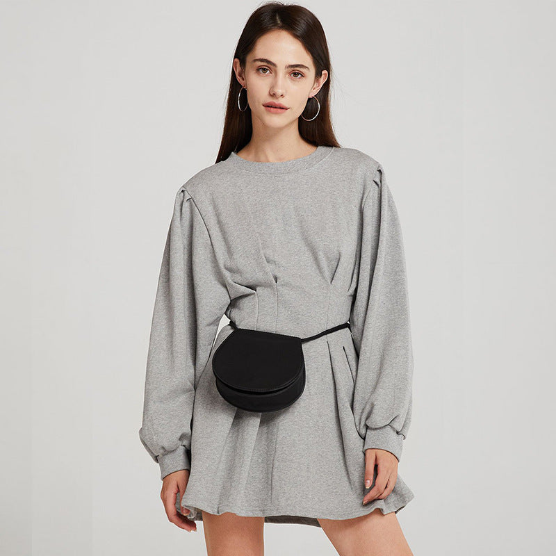 Women's long sleeve pullover sweater dress in black and gray