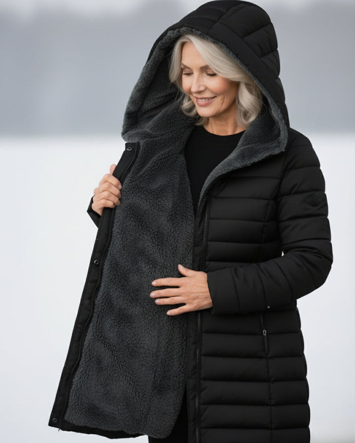 Women's fleece-lined A-line puffer coat front view