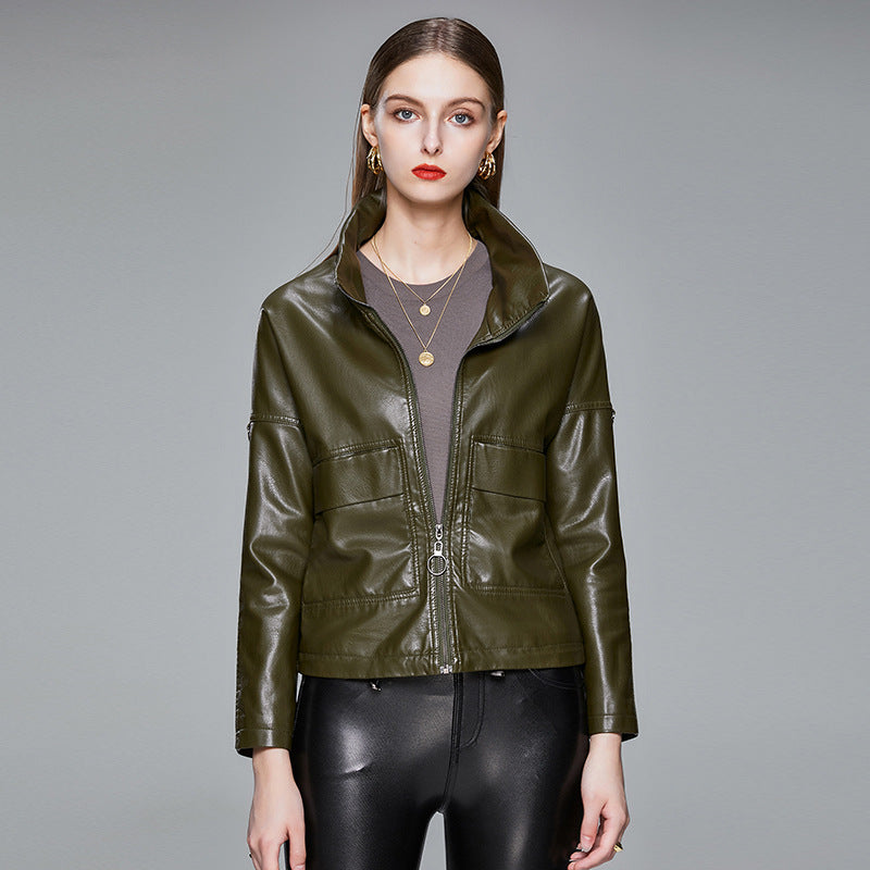 Women's black faux leather jacket with lapel collar
