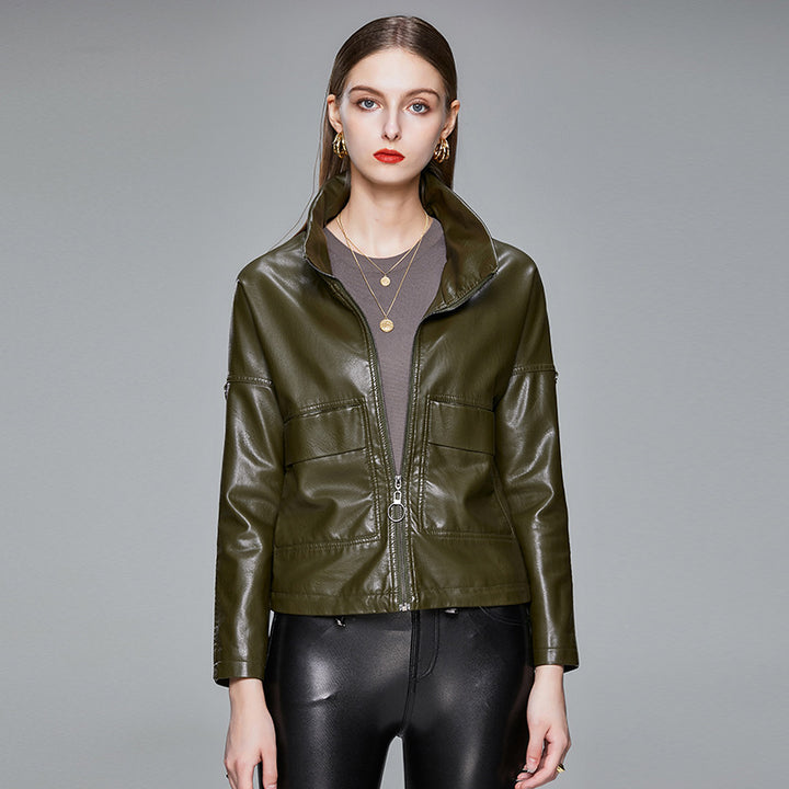 Women's black faux leather jacket with lapel collar