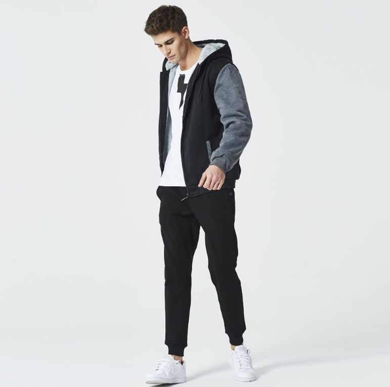 Women's black hooded baseball jacket front view