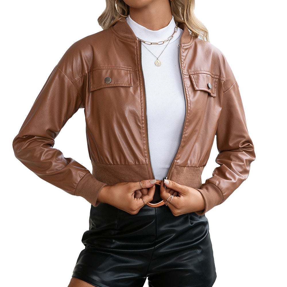 Women's brown loose fit moto jacket front view