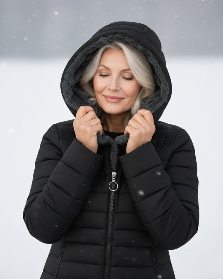 Women's fleece-lined A-line puffer coat front view