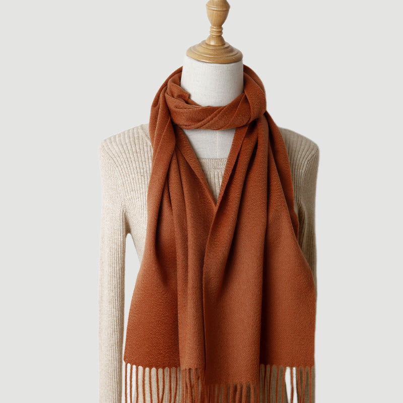 Women's solid color cashmere tassel scarf with long fringe