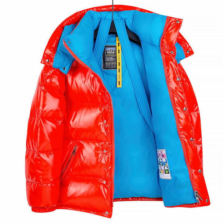 Women's glossy puffer jacket with color block design